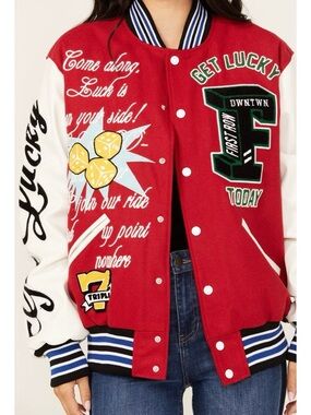 Red & White Varsity Bomber Jacket with Embroidered Patches